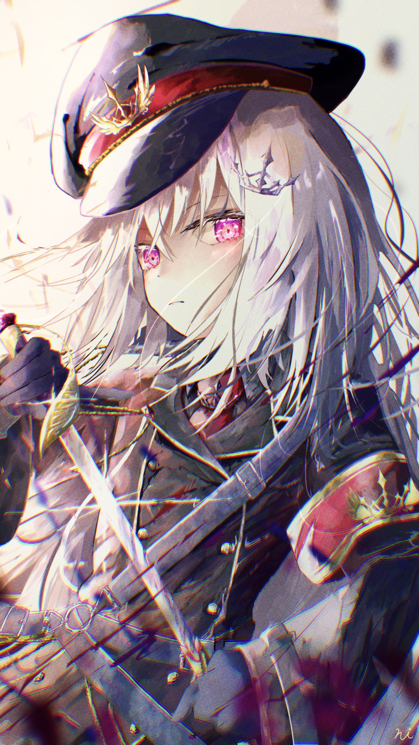 1girl belt belt_buckle black_belt black_coat black_gloves black_hat black_shirt blood blood_on_clothes blood_splatter buckle buttons coat collared_shirt commentary_request gloves grey_hair hair_between_eyes hair_ornament hair_over_shoulder hat highres holding holding_sheath holding_sword holding_weapon leather_belt long_hair looking_at_viewer military_hat military_uniform necktie ni_mono parted_bangs pink_eyes ryogoku_tsukasa scabbard sheath sheathing shirt solo specialite_(company) sword virtual_youtuber weapon