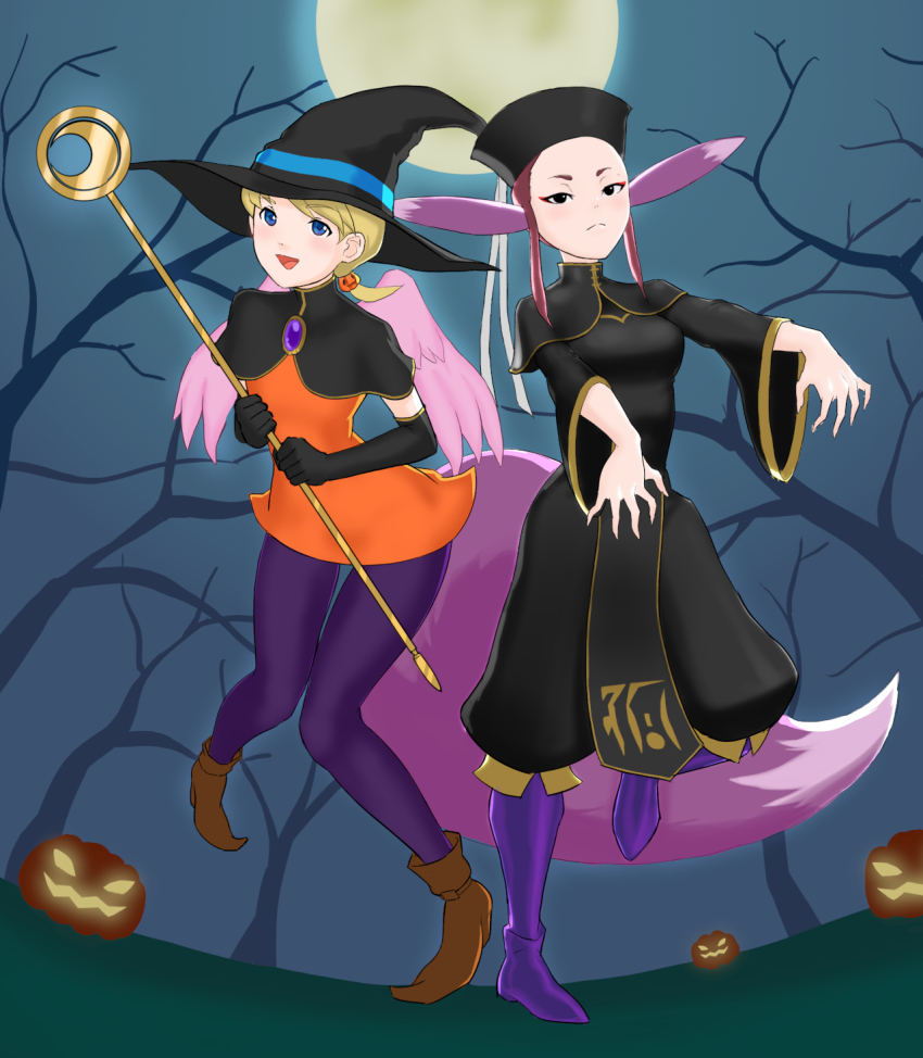 2girls angel_wings animal_ears black_hair blonde_hair blue_eyes breasts breath_of_fire breath_of_fire_iv closed_mouth dress earrings eyeshadow feathered_wings food-themed_hair_ornament gurata hair_ornament halloween halloween_costume hat highres holding holding_staff jack-o&#039;-lantern jewelry makeup multiple_girls nina_(breath_of_fire_iv) open_mouth orange_dress pink_wings pumpkin pumpkin_hair_ornament short_hair smile staff tail ursula_(breath_of_fire) very_short_hair wings