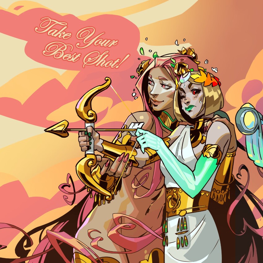 2girls aphrodite_(hades) arrow_(projectile) asymmetrical_arms black_sclera blonde_hair blush bow_(weapon) breasts colored_sclera glowing_arm green_arm hades_(series) hades_2 hair_censor hand_on_another&#039;s_shoulder highres jen_zee laurel_crown long_hair melinoe_(hades) multiple_girls navel nude official_art pink_hair red_eyes see-through_body skeletal_arm stomach very_long_hair weapon
