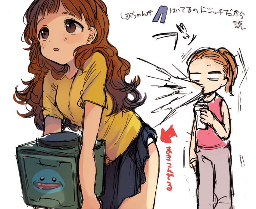 2girls blonde_hair brother_and_sister brown_hair cup drinking genderswap genderswap_(mtf) long_hair meeseeks_box morticia_smith morty_smith mr._meeseeks multiple_girls noko6 panties ponytail rick_and_morty shirt siblings sisters spit_take spitting summer_smith surprised underwear yellow_shirt