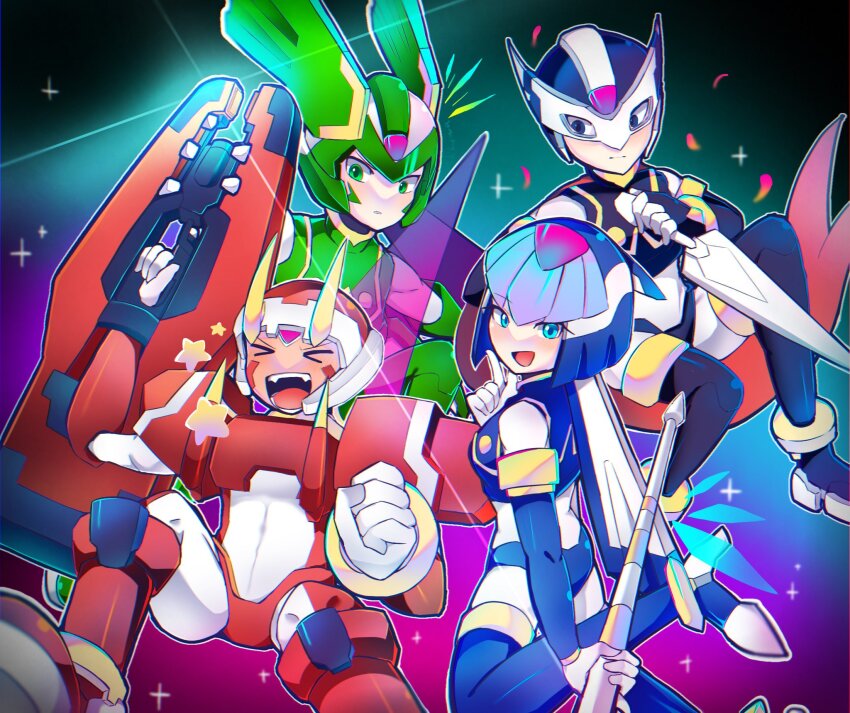 &gt;_&lt; 1girl 3boys armor blue_armor blue_eyes blue_helmet chikuwa_(kari) fairy_leviathan_(mega_man) fighting_fefnir_(mega_man) forehead_jewel green_armor green_eyes green_helmet group_picture helmet hidden_phantom_(mega_man) highres holding holding_cannon holding_polearm holding_sword holding_weapon kunai mega_man_(series) mega_man_zero_(series) multiple_boys ninja orange_armor orange_helmet polearm rainbow_background sage_harpuia_(mega_man) sword weapon winged_helmet