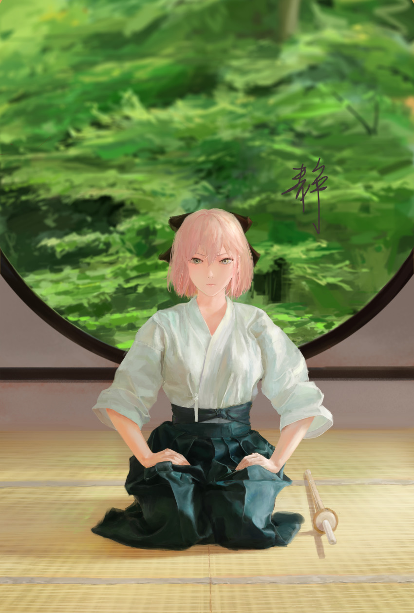 1girl absurdres closed_mouth commentary_request fate/grand_order fate_(series) hair_between_eyes highres indoors japanese_clothes kimono kneeling long_skirt long_sleeves looking_at_viewer okita_souji_(fate) okita_souji_(koha-ace) pink_hair pixiv_fate/grand_order_contest_2 serious short_hair skirt solo sunlight tatami tree white_kimono window xilmo