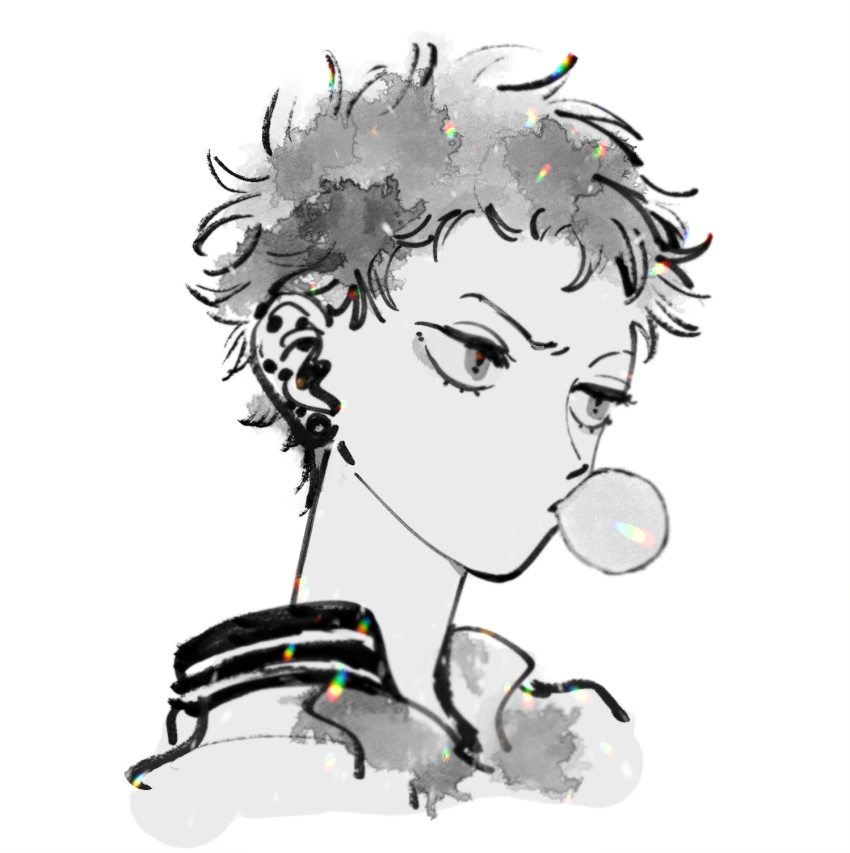 1boy blowing_bubbles chewing_gum cropped_shoulders earrings furrowed_brow greyscale harai_kuko highres hypnosis_mic jewelry lens_flare looking_to_the_side male_focus monochrome multiple_earrings raised_eyebrow short_hair simple_background sketch solo terichikiumai very_short_hair watercolor_effect