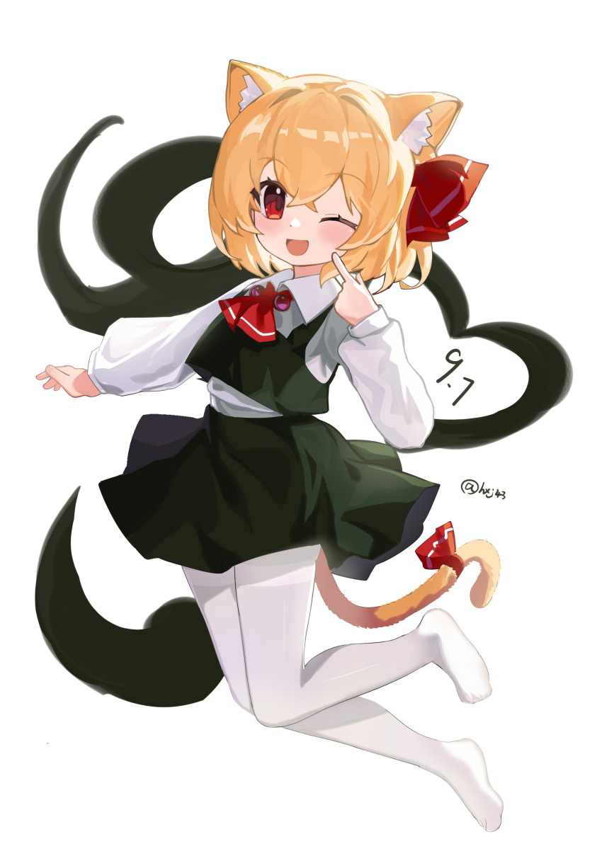 1girl :d absurdres animal_ears ascot black_skirt black_vest blonde_hair blush bow cat_ears cat_tail cheek_poking crossed_bangs dated dated_commentary full_body hair_bow hand_up highres hxj_(2324184595) jumping kemonomimi_mode long_sleeves looking_at_viewer no_shoes one_eye_closed open_mouth pantyhose poking puffy_long_sleeves puffy_sleeves red_ascot red_bow red_eyes rumia shirt short_hair skirt skirt_set smile solo tail tail_bow tail_ornament thighband_pantyhose touhou twitter_username vest white_background white_pantyhose white_shirt wing_collar