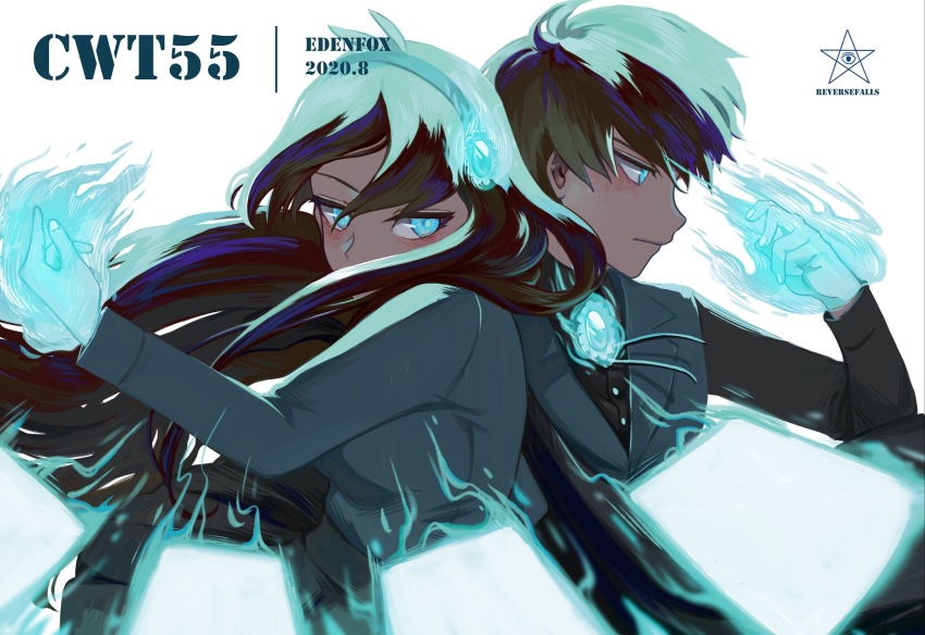 1boy 1girl aqua_eyes aqua_gemstone aqua_theme artist_name black_shirt black_skirt blue_eyes blue_fire blue_gemstone blue_jacket blue_shirt blue_theme brooch brother_and_sister brown_hair card covered_mouth dark_persona dated dipper_gleeful dipper_pines dress_shirt eden_(eden871225) fighting_stance fire floating floating_card floating_object gem glowing gravity_falls hair_between_eyes hair_over_mouth hairband hand_up highres incoming_attack jacket jewelry long_hair looking_at_viewer looking_away looking_to_the_side mabel_gleeful mabel_pines outstretched_arm pentagram profile reverse_falls_(gravity_falls) shirt short_hair siblings skirt throwing twins upper_body vest waistcoat
