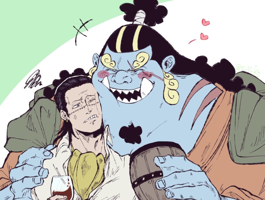 2boys afro anger_vein ascot beer_mug black_hair blue_skin blush_stickers cheek-to-cheek cigar collared_shirt colored_skin crocodile_(one_piece) cup curly_eyebrows drinking_glass fish_boy hair_slicked_back heads_together height_chart jinbe_(one_piece) laughing loving_aura male_focus mature_male monster_boy mug multiple_boys one_piece scar scar_on_face scar_on_nose sharp_teeth shirt short_hair size_difference smile smoking squatting stitches teeth tusks wine_glass yayuko