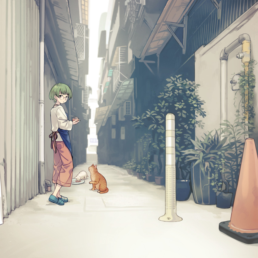 1girl alley animal apron blue_apron blue_slippers cat chinese_text condenser_unit day food fuuka_(fukasheu) glasses green_hair highres holding holding_food industrial_pipe long_sleeves looking_at_viewer non-web_source orange_pants original outdoors pants pet_food plant potted_plant real_world_location shirt short_hair slippers smile solo standing traffic_cone white_cat white_shirt