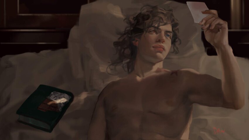 1boy armpits bed birthmark blonde_hair blue_eyes book closed_mouth commentary_request danart14020 dio_brando highres holding joestar_birthmark jojo_no_kimyou_na_bouken long_hair male_focus muscular muscular_male nipples on_bed pillow realistic solo stardust_crusaders topless_male