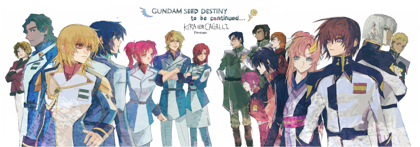 1girl 6+boys 6+girls absurdres ahoge athrun_zala black_hair blonde_hair blue_eyes blue_hair brown_eyes brown_hair cagalli_yula_athha crossed_arms dearka_elsman english_text erica_simmons green_hair grey_hair gundam gundam_seed gundam_seed_destiny hair_ornament hand_on_own_hip herbert_von_reinhard highres hilda_harken jacket kira_yamato lacus_clyne ledonir_kisaka long_hair long_sleeves looking_at_another looking_at_viewer lunamaria_hawke maas_symeon medium_hair meyrin_hawke military_jacket military_uniform mu_la_flaga multiple_boys multiple_girls murrue_ramius orange_hair pants pink_hair ponytail purple_eyes red_eyes red_hair she_(morianosu) shinn_asuka short_hair simple_background sketch skirt smile twintails white_background yellow_eyes yzak_joule