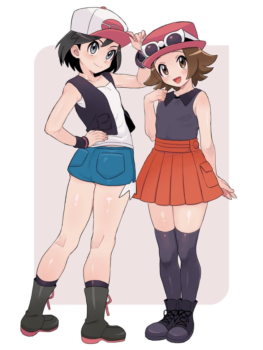 2boys :d black_vest blush boots brown_eyes brown_hair calem_(pokemon) closed_mouth collared_shirt commentary_request cosplay crossdressing eyewear_on_headwear grey_eyes hand_on_headwear hand_on_own_hip hand_up hat head_tilt highres hilbert_(pokemon) hilda_(pokemon) hilda_(pokemon)_(cosplay) kneepits male_focus multiple_boys nintendo open_clothes open_mouth open_vest pink_headwear pleated_skirt pokemon pokemon_bw pokemon_xy sana_(37pisana) serena_(pokemon) serena_(pokemon)_(cosplay) shiny_skin shirt shorts skirt sleeveless sleeveless_shirt smile socks sunglasses thighhighs trap vest white-framed_eyewear white_headwear white_shirt