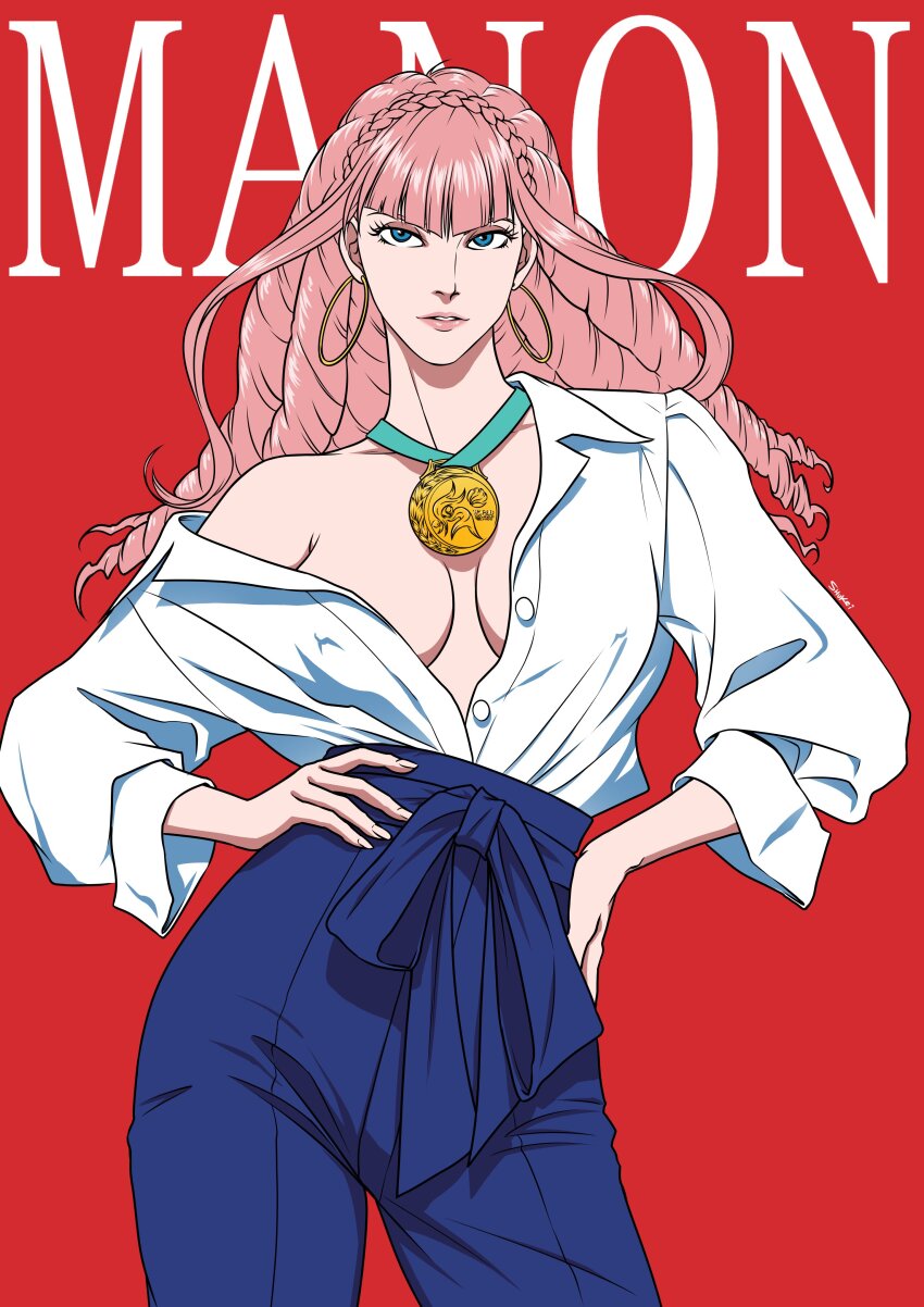 1girl absurdres blue_eyes blue_pants braid breasts contrapposto crown_braid earrings hands_on_own_hips highres hoop_earrings jewelry long_hair manon_legrand medal no_bra pants pink_hair red_background shirt shirt_tucked_in shukeiart sidelocks solo street_fighter street_fighter_6 unbuttoned unbuttoned_shirt white_shirt