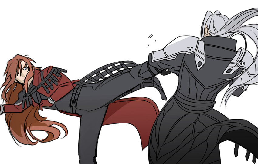 2boys armor belt black_boots black_coat black_pants black_shirt boots brown_hair coat crisis_core_final_fantasy_vii fighting final_fantasy final_fantasy_vii genesis_rhapsodos gloves grey_hair hair_between_eyes hair_over_one_eye highres kicking long_coat long_hair male_focus multiple_belts multiple_boys newb_ff7r pants pauldrons red_coat red_gloves sephiroth shirt shoulder_armor sketch upper_body white_background