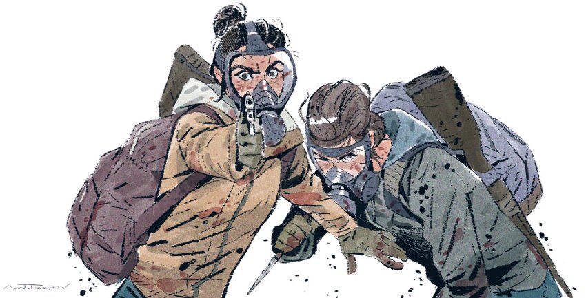 2girls ami_thompson artist_name backpack bag black_hair blood blood_on_face blue_bag brown_bag brown_hair coat dina_(the_last_of_us_2) ellie_(the_last_of_us) gas_mask gloves green_coat gun gun_on_back hair_bun handgun highres holding holding_gun holding_knife holding_weapon knife looking_at_viewer mask multiple_girls the_last_of_us_(series) the_last_of_us_2 upper_body weapon weapon_on_back white_background wide-eyed yellow_coat