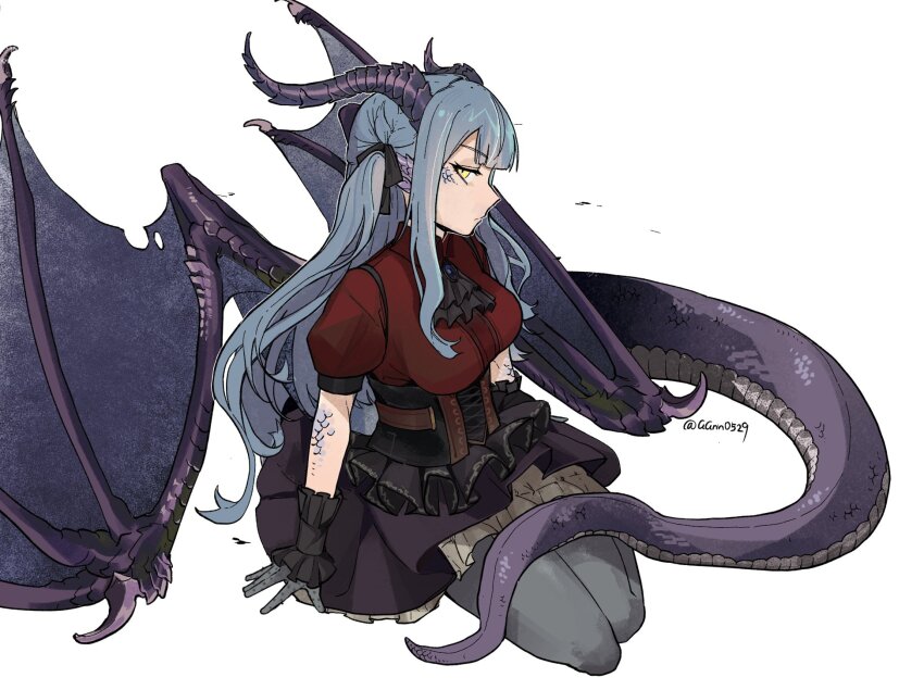 1girl animal_ears arms_at_sides ascot bang_dream! bang_dream!_it&#039;s_mygo!!!!! belt black_ascot black_corset black_ribbon black_skirt black_wrist_cuffs blue_brooch blue_hair breasts collared_shirt commentary corset cross-laced_clothes cross-laced_corset dragon_ears dragon_girl dragon_horns dragon_tail dragon_wings expressionless frilled_corset frilled_wrist_cuffs frills full_body gloves grey_gloves grey_pantyhose guagua977 hair_ribbon half-closed_eyes hashtag-only_commentary highres horns kemonomimi_mode large_breasts long_hair long_sidelocks looking_at_viewer miniskirt oblivionis_(bang_dream!) outline pantyhose petticoat profile puffy_short_sleeves puffy_sleeves red_shirt ribbon scales shirt short_sleeves sidelocks sitting skirt solo tail three_quarter_view togawa_sakiko twitter_username very_long_hair white_outline wings wrist_cuffs yellow_eyes yokozuwari
