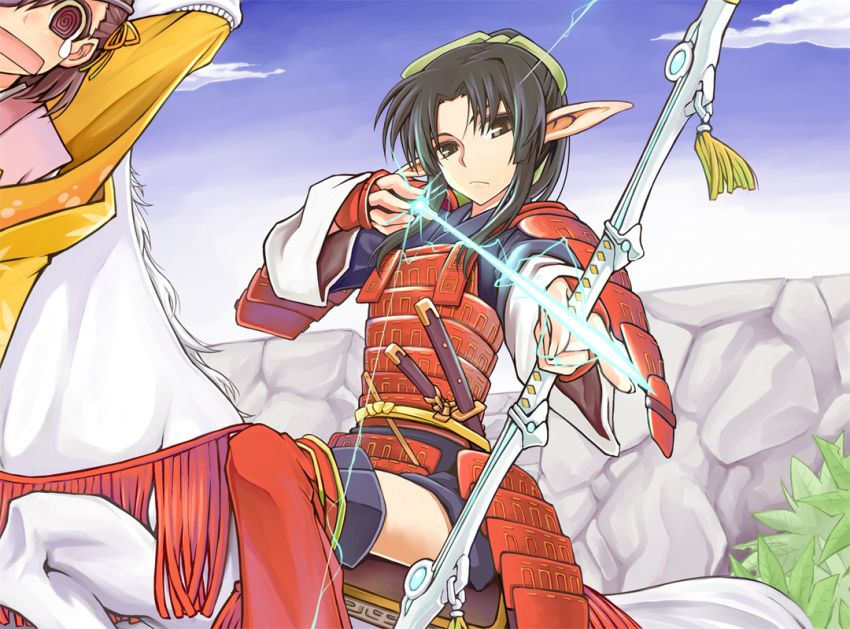 2girls @_@ archery armor arrow_(projectile) bad_id bad_pixiv_id black_hair bow_(weapon) elf fantasy fingerless_gloves gloves horse horseback_archery horseback_riding japanese_armor kodama_yuu kusazuri magic mounted_archery multiple_girls pointy_ears riding samurai shoulder_armor sode thighhighs twelve_sengoku_hou_shinden weapon zettai_ryouiki