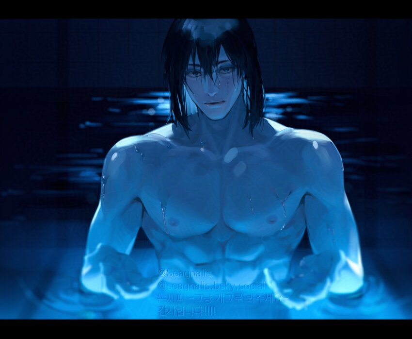1boy abs black_hair bluesky_username chainsaw_man hair_between_eyes hair_undone hayakawa_aki highres i&#039;ll_teach_you_everything_(chainsaw_man) letterboxed light_reflection_(water) lips looking_at_viewer male_focus medium_hair nipples partially_submerged pectorals pool seagnalis short_hair solo twitter_username upper_body wet wet_hair