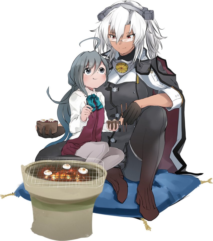 2girls ahoge black_legwear bow bowtie cushion dark-skinned_female dark_skin food full_body gegesan glasses grey_eyes grey_hair grey_legwear griddle grill hair_between_eyes hair_bun halterneck headgear highres kantai_collection kikumon kiyoshimo_(kancolle) long_hair low_twintails mochi multiple_girls musashi_(kancolle) musashi_kai_ni_(kancolle) pantyhose platinum_blonde_hair school_uniform semi-rimless_eyewear shichirin shirt simple_background single_hair_bun sitting thighhighs twintails two_side_up under-rim_eyewear very_long_hair white_background white_hair white_shirt zabuton