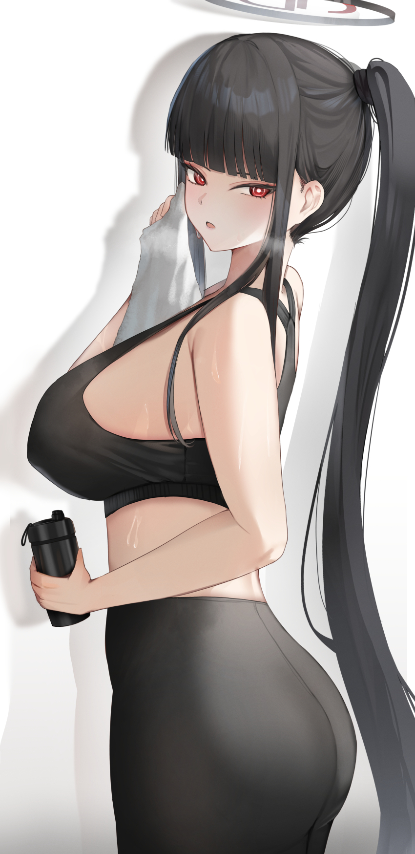 1girl absurdres ass bare_shoulders black_bra blue_archive blunt_bangs blush bottle bra breasts commentary_request halo highres holding holding_bottle holding_towel large_breasts long_hair nokyang pants ponytail red_eyes ringed_eyes rio_(blue_archive) solo sports_bra sportswear sweat towel underwear yoga_pants