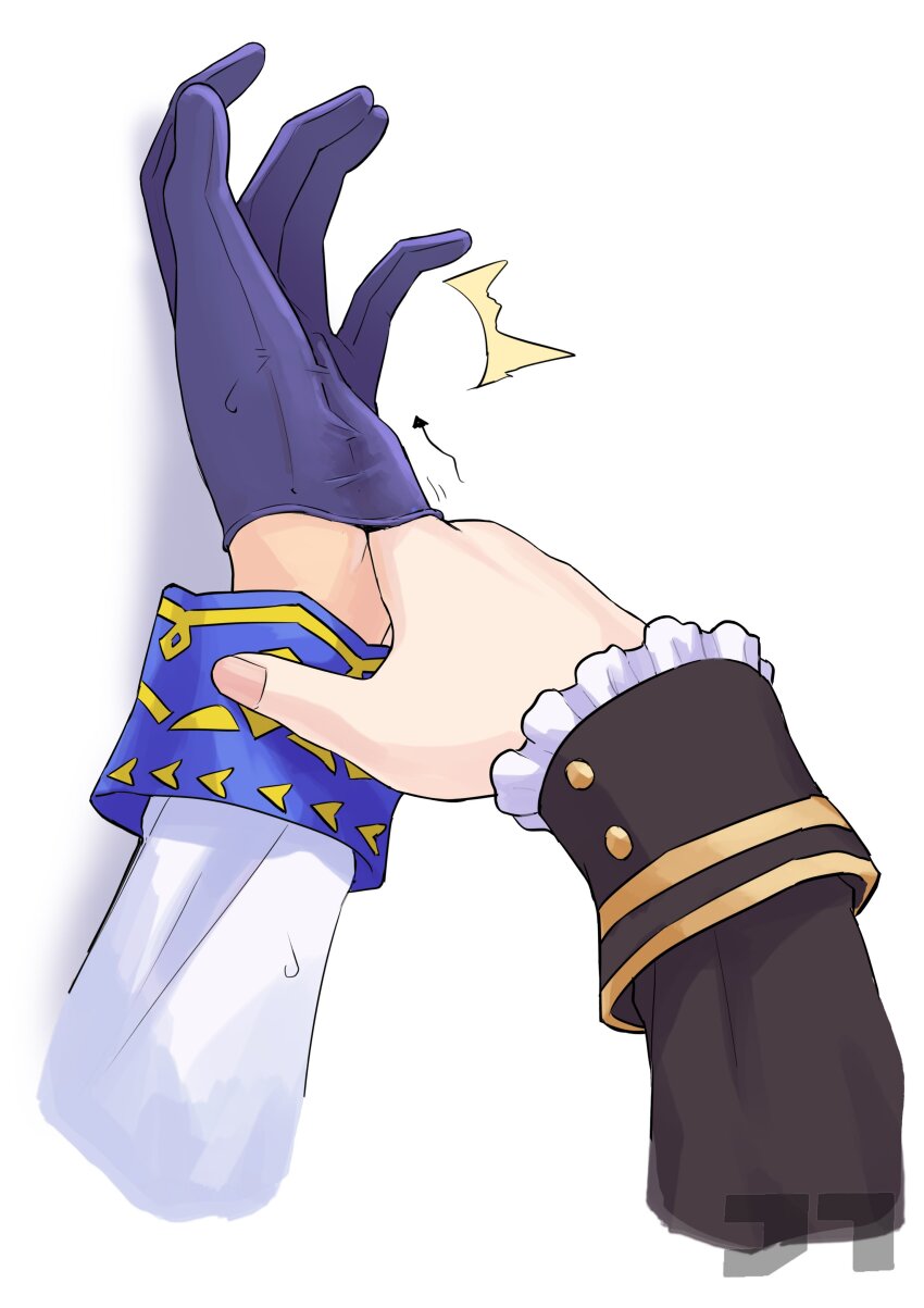 2girls ^^^ absurdres arrow_(symbol) artist_logo blue_gloves commentary finger_under_clothes gloves hand_focus hand_in_another&#039;s_glove hand_under_clothes highres jtleeklm logo long_sleeves mejiro_mcqueen_(umamusume) motion_lines multiple_girls simple_background sleeve_cuffs surprised sweatdrop symbol-only_commentary tokai_teio_(umamusume) umamusume watermark white_background yuri