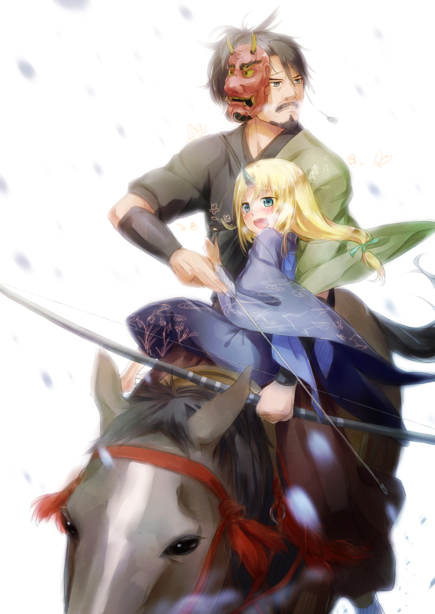 1boy 1girl absurdres archery arrow_(projectile) backlighting bad_id bad_pixiv_id blonde_hair blue_eyes bow bow_(weapon) facial_hair goatee grey_eyes hair_tie hannya hetero highres horns horse horseback_archery horseback_riding hug igote japanese_clothes long_hair looking_away mask multiple_riders mustache nekotama_(artist) noh_mask oni open_mouth original riding sidesaddle simple_background single_horn sitting weapon wide_sleeves