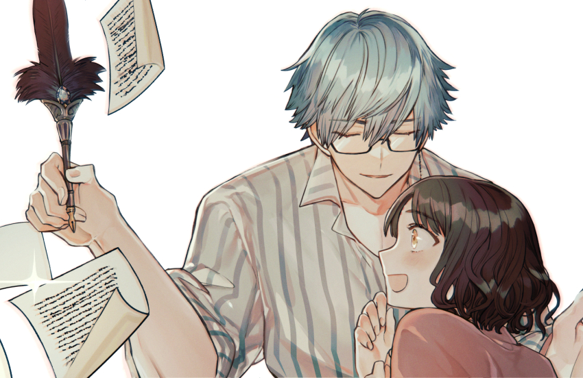 1boy 1girl aged_down albino_(a1b1n0623) bad_id bad_pixiv_id black_hair blue_hair blue_shirt blush closed_eyes commentary facing_another fate/extra fate/extra_ccc fate/grand_order fate_(series) hair_between_eyes hand_up hans_christian_andersen_(adult)_(fate) hans_christian_andersen_(fate) holding holding_quill medium_hair paper pink_shirt profile quill sessyoin_kiara shirt short_hair simple_background striped_clothes third-party_source upper_body vertical-striped_clothes white_background white_shirt yellow_eyes