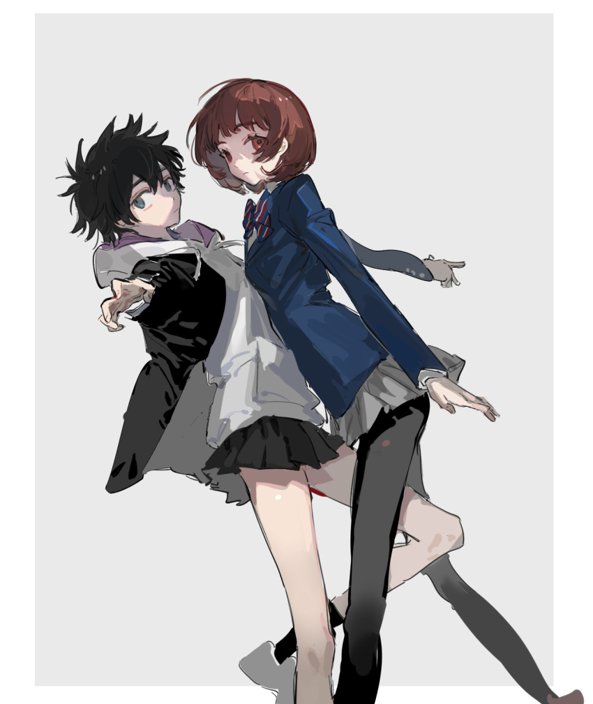 2girls black_hair black_jacket black_pantyhose black_skirt bow bowtie brown_hair collared_shirt genderswap genderswap_(mtf) grey_background grey_skirt highres hood hood_down hoodie jacket kamijou_touka_(toaru_majutsu_no_index) kamijou_touma kamisato_kakeru looking_at_viewer miniskirt multiple_girls open_clothes open_jacket pantyhose pleated_skirt qyzhiaiyisheng red_eyes school_uniform shirt short_hair simple_background skirt toaru_majutsu_no_index toaru_majutsu_no_index:_new_testament white_shirt