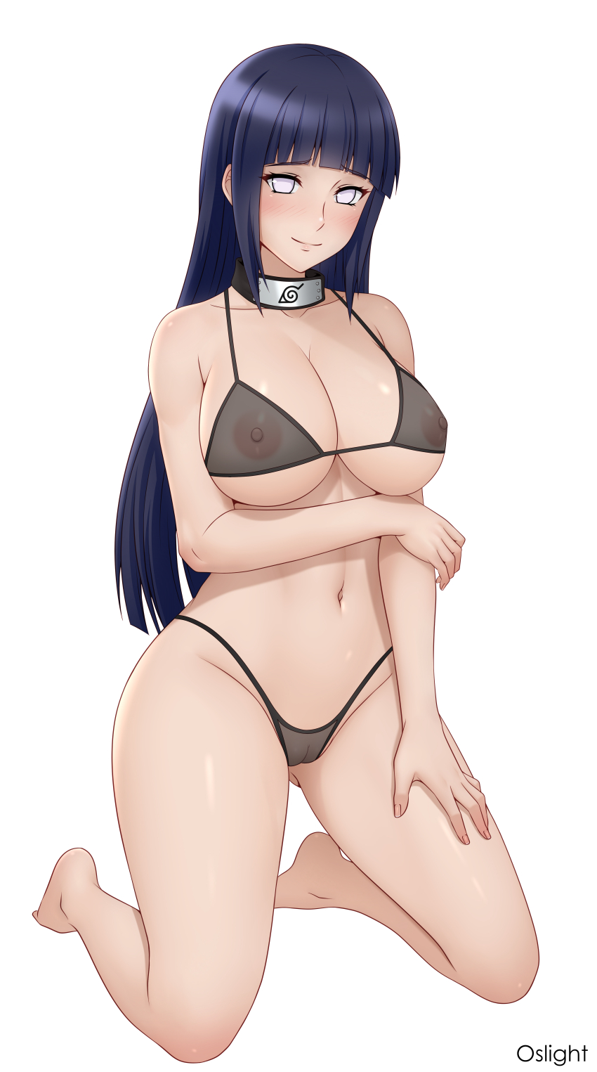 1girl absurdres black_bra black_hair black_panties blunt_bangs bra breasts cameltoe covered_erect_nipples forehead_protector headband_around_neck highres hyuuga_hinata konohagakure_symbol large_breasts long_hair naruto naruto_(series) navel no_pupils oslight panties see-through_bra see-through_clothes see-through_panties smile solo underwear underwear_only white_eyes