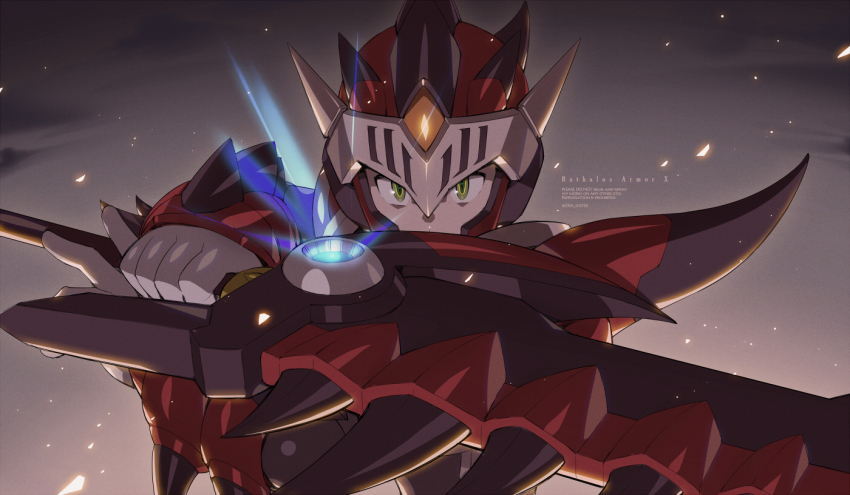 1boy armor english_text gloves glowing greatsword green_eyes hair_between_eyes helmet holding holding_sword holding_weapon looking_at_viewer male_focus mega_man_(series) mega_man_x_(series) mega_man_x_dive monster_hunter_(series) rathalos_(armor) red_helmet simple_background solo spikes sword upper_body weapon white_gloves x_(mega_man) zxa_d1018