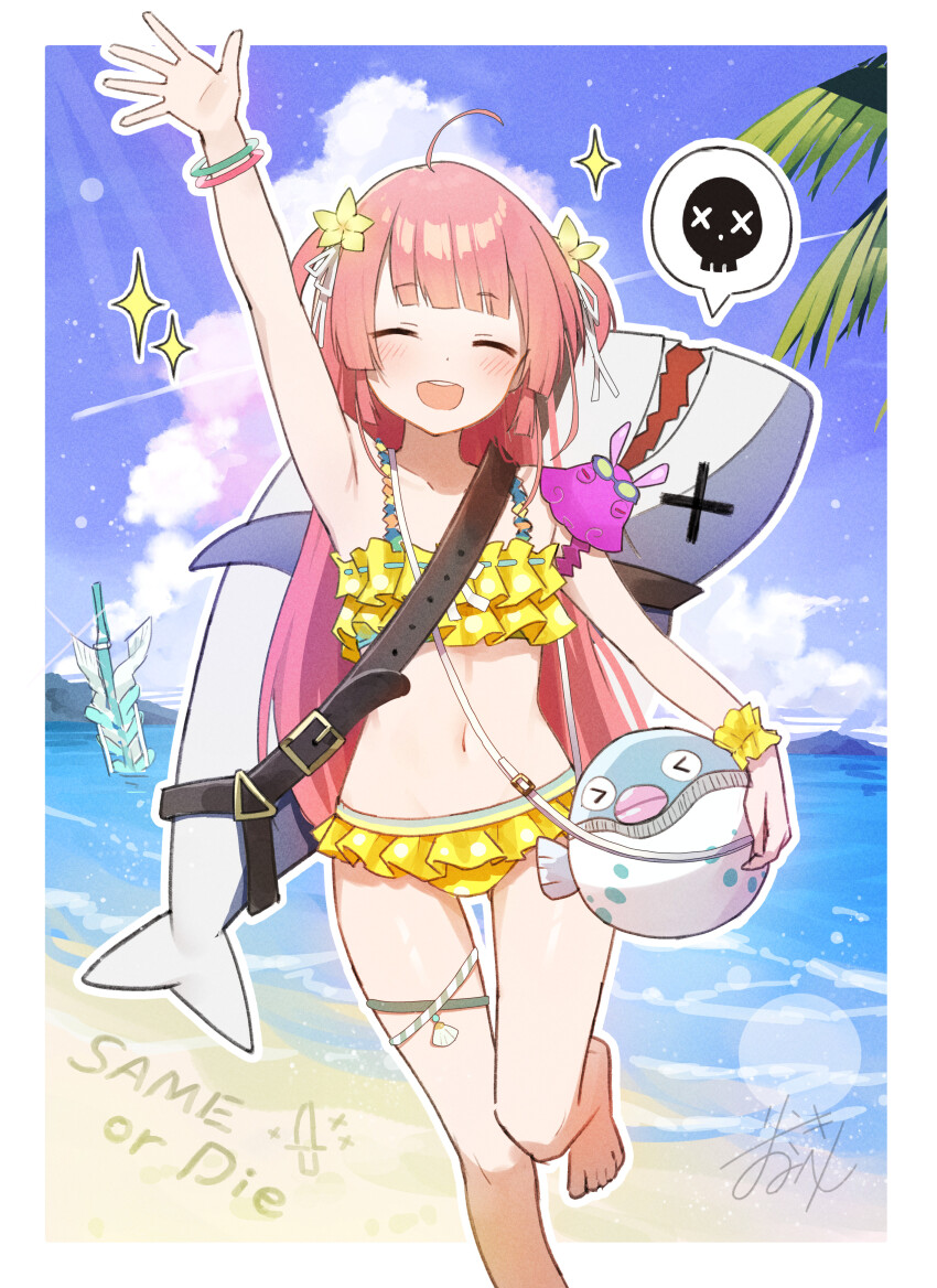 &gt;_&lt; 1girl :d ^_^ absurdres ahoge arm_up armpits bag ball bare_legs bare_shoulders barefoot beach beachball bikini blue_sky blunt_bangs blunt_ends blush bracelet carrying carrying_under_arm closed_eyes cloud collarbone day dot_nose facing_viewer feet_out_of_frame flower foot_out_of_frame frilled_bikini frills hair_flower hair_ornament hair_ribbon hand_up heaven_burns_red highres holding inflatable_toy jewelry leg_up long_hair mizuhara_aina navel ocean open_mouth outdoors outline outside_border pink_hair polka_dot polka_dot_bikini ribbon rinki_oohen scrunchie shark shoulder_bag sidelocks sky smile solo sparkle speech_bubble standing standing_on_one_leg stomach stuffed_animal stuffed_toy summer swimsuit teeth thigh_strap tree two_side_up upper_teeth_only very_long_hair water waving weapon white_outline white_ribbon wrist_scrunchie wristband x_x xd yellow_bikini yellow_flower yellow_scrunchie
