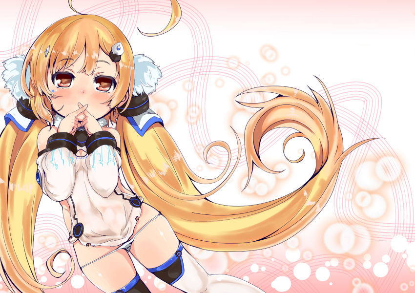1girl ahoge azur_lane blonde_hair brown_eyes covered_navel covering_own_mouth crossed_fingers detached_sleeves eldridge_(azur_lane) female_focus hair_ornament hairclip highres long_hair no_pants panties panty_pull shi_ecchi shirt solo thighhighs thighs twintails underwear very_long_hair white_panties white_shirt white_thighhighs x_fingers