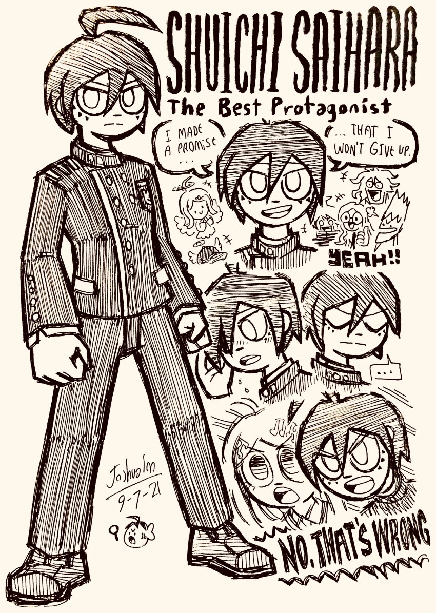 ... 2girls 4boys :o absurdres ahoge akamatsu_kaede angel angel_wings buttons character_name closed_eyes closed_mouth danganronpa_(series) danganronpa_v3:_killing_harmony dated doodle_inset english_text eyelashes fortissimo full_body glasses gokuhara_gonta greyscale hair_ornament hair_over_one_eye halo hatching_(texture) highres jacket josh-s26 k1-b0 long_hair long_sleeves male_focus momota_kaito monochrome multiple_boys multiple_girls multiple_views musical_note musical_note_hair_ornament no_headwear open_mouth pants round_eyewear saihara_shuichi shirogane_tsumugi shoes short_hair signature simple_background speech_bubble spoilers spoken_ellipsis standing teeth thumbs_up upper_teeth_only white_background wings
