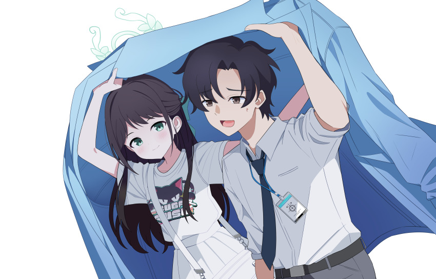 1boy 1girl absurdres airi_(band)_(blue_archive) airi_(blue_archive) arms_up bag belt black_hair blue_archive blue_jacket blue_necktie blush bow brown_eyes chain collared_shirt commentary commentary_request english_commentary green_bow green_eyes green_halo grey_pants hair_bow halo highres holding id_card jacket korean_commentary long_hair necktie official_alternate_costume open_clothes open_jacket open_mouth oversized_jacket pants poorunii schale_logo sensei_(blue_archive) sensei_(blue_archive_the_animation) shirt short_hair short_sleeves shoulder_bag simple_background skirt smile sweatdrop t-shirt transparent_background upper_body white_shirt white_skirt