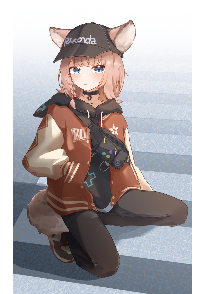 1girl 8_nana_usagi absurdres animal_ears arknights baseball_cap black_choker black_pants blue_eyes braid choker commentary ears_through_headwear fanny_pack fox_ears fox_girl fox_tail full_body hat highres hood hood_down jacket long_sleeves looking_at_viewer medium_hair open_mouth pants peaked_cap pink_hair puffy_long_sleeves puffy_sleeves red_jacket solo sussurro_(arknights) sussurro_(travel_freely)_(arknights) symbol-only_commentary tail