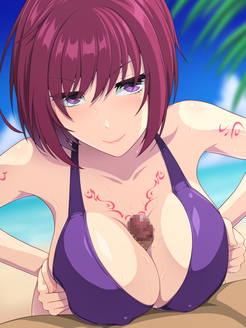 1boy 1girl 20s abu arm_tattoo beach bikini bikini_top_only blurry blurry_background blush breast_hold breasts censored chest_tattoo clothed_female_nude_male erection eyes_visible_through_hair hair_over_eyes hetero highres large_breasts leaf looking_at_viewer mosaic_censoring naughty_face nel_zelpher nude outdoors paizuri paizuri_under_clothes palm_leaf palm_tree penis pov purple_bikini purple_eyes red_hair sand shiny_clothes shiny_skin short_hair sky smile solo_focus square_enix star_ocean star_ocean_till_the_end_of_time sweat swimsuit tattoo tree water