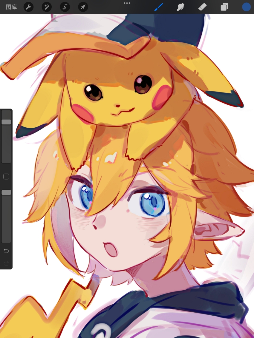 1boy :3 :o aotu_world art_tools_in_frame baseball_cap blonde_hair blue_eyes blush brown_eyes chinese_commentary crossover gen_1_pokemon hair_between_eyes hat highres hood hood_down hoodie king_(aotu_world) looking_at_viewer male_focus multicolored_hat multicolored_hoodie nintendo on_head open_mouth pikachu pointy_ears pokemon pokemon_(creature) pokemon_on_head shenyinzhilang short_hair simple_background upper_body white_background