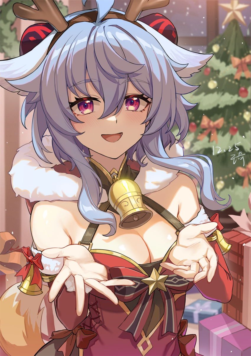 1girl bare_shoulders blue_hair breasts christmas cleavage ganyu_(genshin_impact) genshin_impact goat_horns highres horns looking_at_viewer open_mouth santa_costume smile solo wangqi