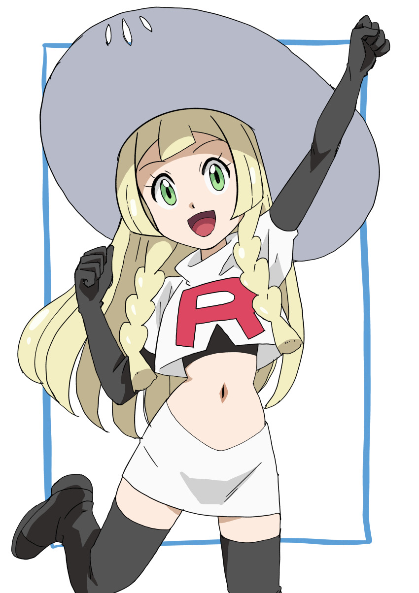 1girl :d absurdres arm_up black_boots black_gloves black_shirt blonde_hair boots braid clenched_hand commentary_request cosplay cropped_jacket elbow_gloves eyelashes gloves green_eyes hainchu hand_up happy hat highres jessie_(pokemon) jessie_(pokemon)_(cosplay) lillie_(pokemon) logo long_hair navel nintendo open_mouth pokemon pokemon_(anime) pokemon_sm_(anime) shirt skirt smile solo sun_hat team_rocket team_rocket_uniform thigh_boots tongue twin_braids white_background white_skirt