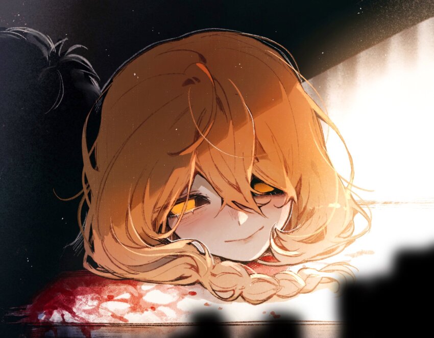 1boy black_sclera blood braid colored_sclera commentary english_commentary highres homicipher korean_commentary long_hair looking_at_viewer male_focus mixed-language_commentary orange_eyes orange_hair severed_head smile sweeeet_him