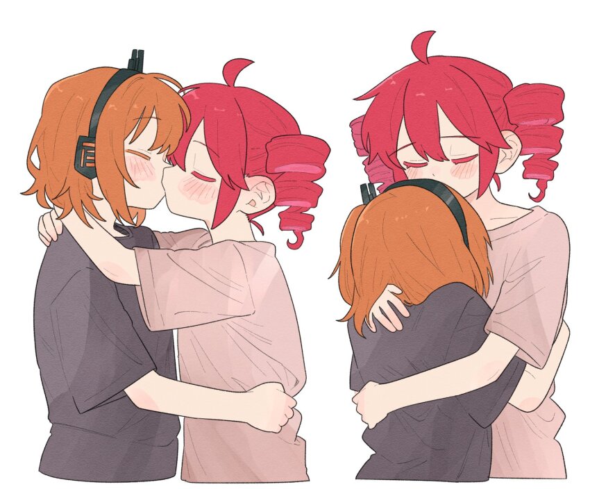 2girls ^_^ a.i._voice adachi_rei ahoge arms_around_neck baggy_clothes bare_arms black_shirt blush closed_eyes collarbone colored_eyelashes cropped_torso double-parted_bangs drill_hair film_grain from_side hair_between_eyes hashtag-only_commentary headphones highres hug kasane_teto kiss kissing_forehead multiple_girls multiple_views mutual_hug ofo_j1 one_side_up orange_hair pink_shirt profile red_hair shirt short_hair short_sleeves simple_background t-shirt twin_drills u_u utau white_background yuri