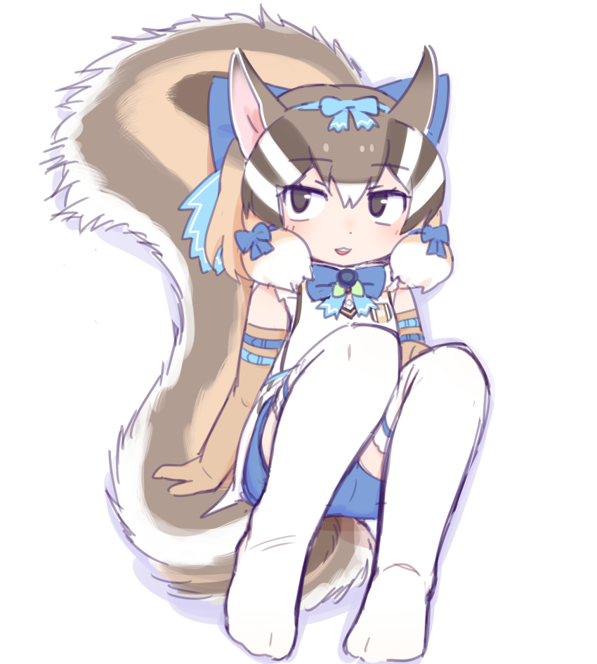 0x0082 1girl animal_ears belt brown_eyes brown_hair chipmunk_ears chipmunk_girl chipmunk_tail elbow_gloves extra_ears full_body gloves highres kemono_friends kemono_friends_v_project looking_at_viewer microphone ribbon shirt short_hair shorts siberian_chipmunk_(kemono_friends) simple_background sleeveless sleeveless_shirt solo tail thighhighs vest virtual_youtuber