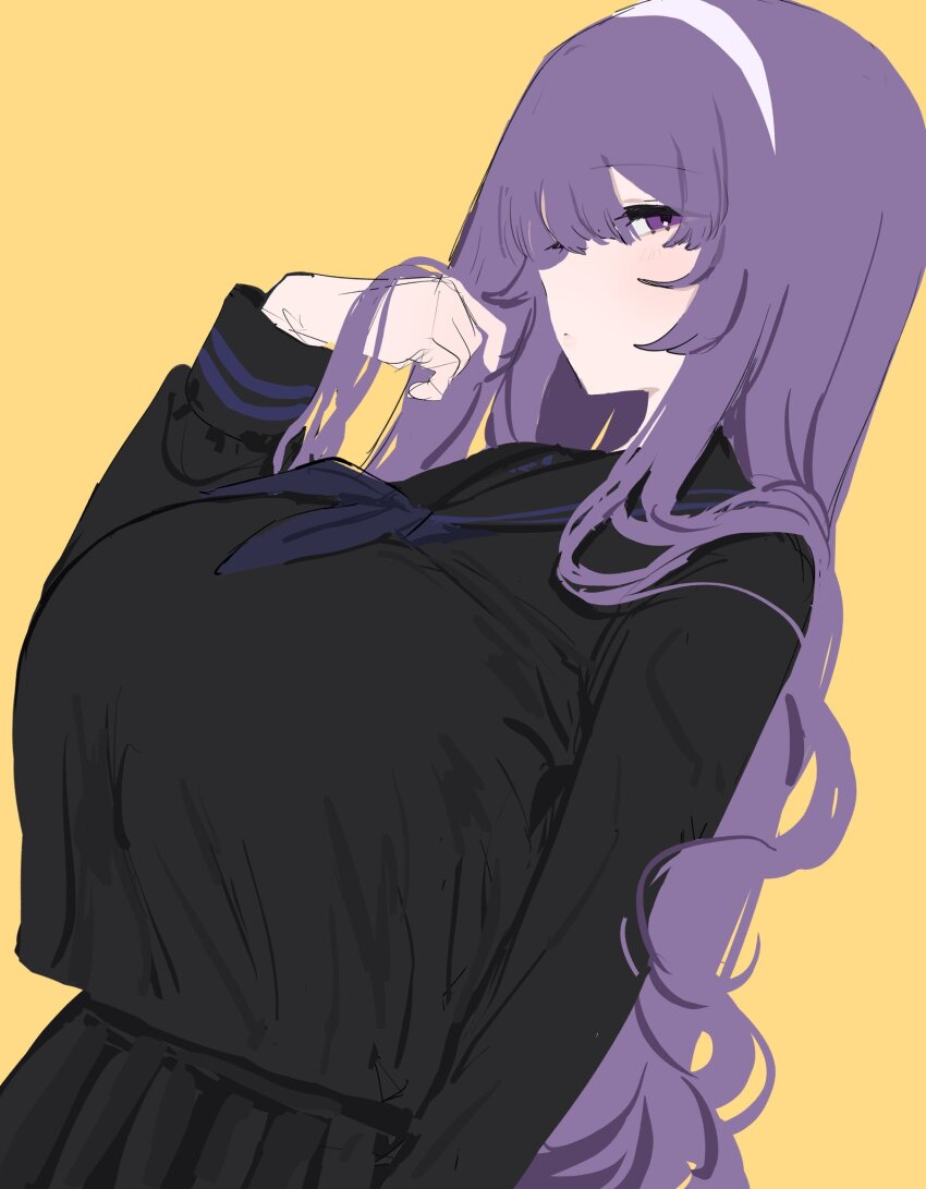 1girl black_serafuku breasts commentary_request cowboy_shot dutch_angle eurasia_(wtp09ptw14) francoise_(eurasia) hairband highres huge_breasts long_hair long_sleeves neckerchief original purple_eyes purple_hair purple_neckerchief sailor_collar sailor_shirt school_uniform serafuku shirt simple_background solo white_hairband yellow_background
