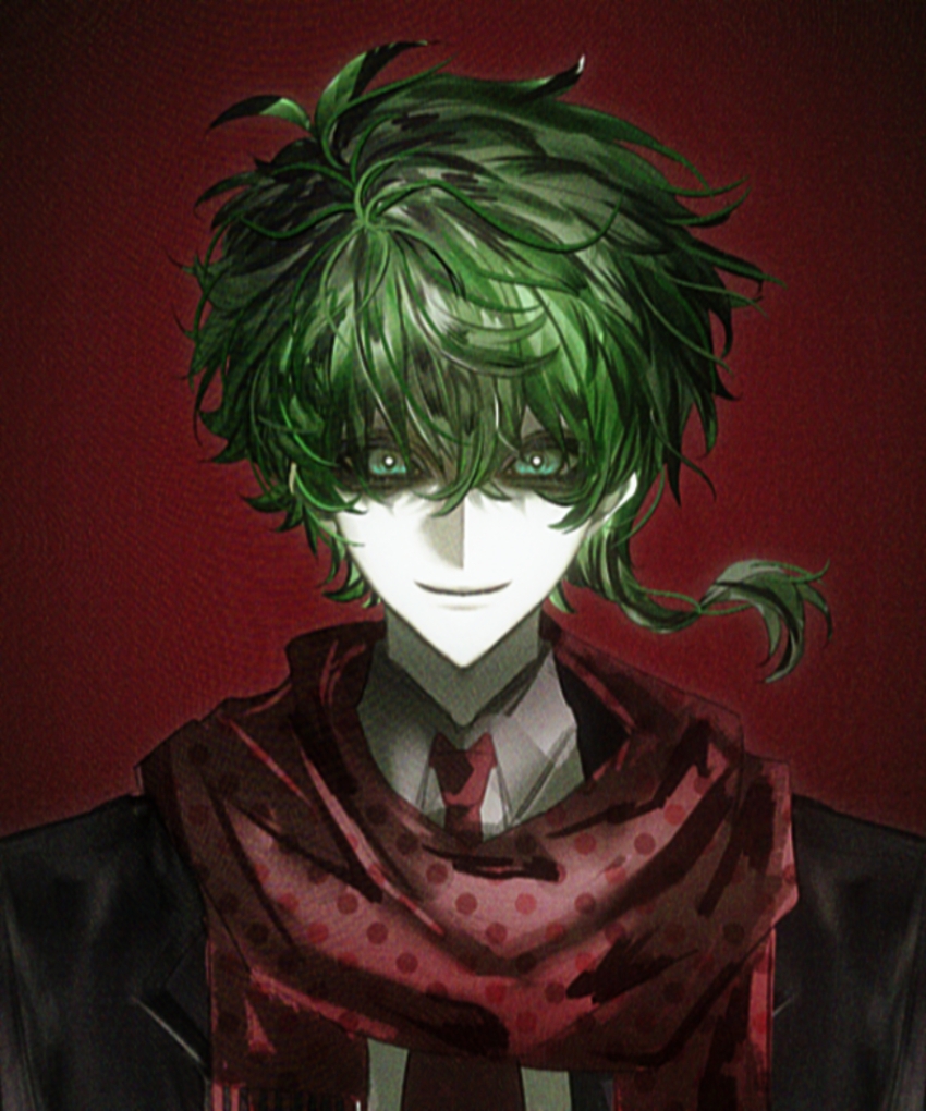 1boy absurdres black_jacket bright_pupils closed_mouth collared_shirt commentary film_grain green_eyes green_hair hair_between_eyes highres jacket kimi_ga_shine looking_at_viewer male_focus midori_(kimi_ga_shine) moyu_shuang necktie pale_skin polka_dot polka_dot_scarf portrait red_background red_necktie red_scarf scarf shirt smile solo white_pupils white_shirt