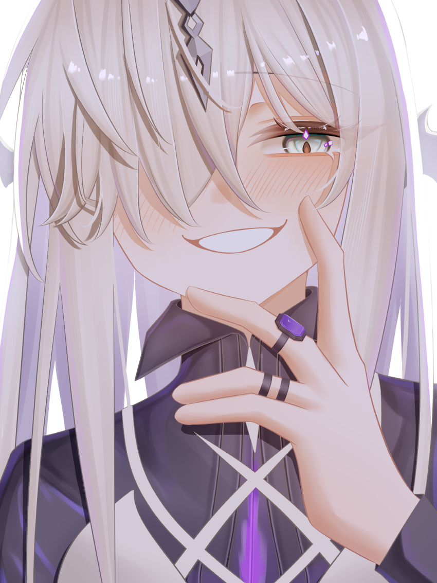 1girl absurdres airtair arknights black_shirt blush clenched_teeth grey_hair hair_over_one_eye hand_up high_collar highres horns jewelry long_hair looking_at_viewer necrass_(arknights) portrait ring shirt smile solo teeth