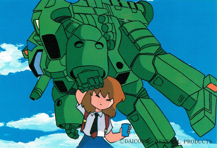 1girl armor backpack bag brown_hair closed_eyes cloud daicon daicon_bunny_girl daicon_iii day general_products glass highres lifting_person mecha necktie outdoors postcard power_armor randoseru red_neckwear retro_artstyle robot school_bag school_uniform short_hair short_sleeves sky starship_troopers uchuu_no_senshi