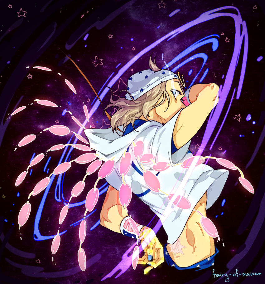 1boy beanie blue_eyes blue_nails brown_hair fairy-of-matter flaming_eye from_side hat highres hood hoodie horseshoe_hat_ornament horseshoe_ornament johnny_joestar jojo_no_kimyou_na_bouken looking_at_viewer male_focus medium_hair short_sleeves spiral star_(symbol) star_print steel_ball_run tusk_(stand) tusk_act4 white_hat white_hoodie wristband