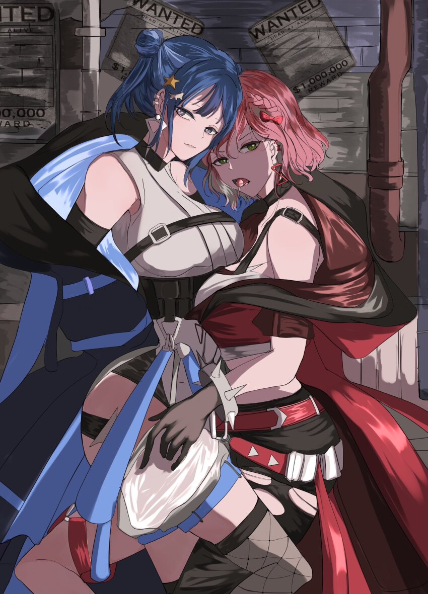 2girls belt blue_hair bow bracelet braid breasts candy duel_monster ear_piercing evil_twin_ki-sikil evil_twin_lil-la food gloves green_eyes grey_eyes hair_bow hair_bun hair_ornament hand_on_another&#039;s_leg highres jewelry ki-sikil_(yu-gi-oh!) large_breasts lil-la_(yu-gi-oh!) lollipop looking_at_viewer medium_hair multiple_girls outdoors pantyhose piercing pink_hair spiked_bracelet spikes star_(symbol) star_hair_ornament thighhighs torn_clothes torn_pantyhose uragawai wanted_poster yu-gi-oh! yuri
