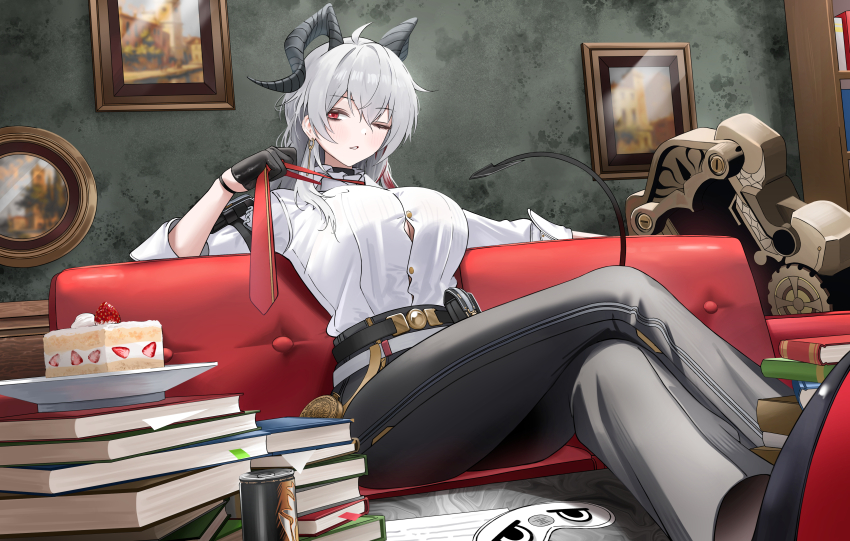 1girl absurdres black_choker black_gloves black_horns black_pants black_shoes black_tail book book_stack breasts button_gap cake can choker clothes_grab commentary couch crossed_legs curled_horns demon_tail drink_can earrings food gloves grey_hair high-waist_pants highres horns indoors jewelry key_earrings large_breasts long_hair looking_at_viewer looking_to_the_side mask necktie necktie_grab neckwear_grab no_jacket on_couch one_eye_closed pants parted_lips pdal_(pdalhhh) photo_(object) picture_frame plate red_eyes red_necktie shield shirt shirt_tucked_in shoes sitting sleep_mask solo strawberry_shortcake tail tight_clothes tight_pants unworn_mask white_shirt wuthering_waves zani_(wuthering_waves)