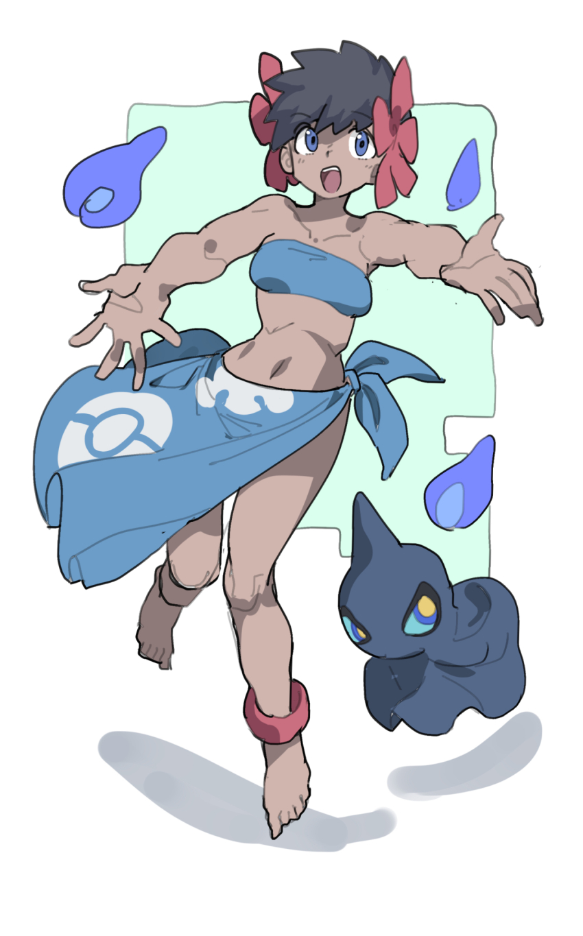 1girl :d anklet bandeau bare_shoulders barefoot black_hair blue_bandeau blue_eyes blue_sarong blue_sclera breasts colored_sclera creatures_(company) dark-skinned_female dark_skin flower full_body game_freak gen_3_pokemon hair_flower hair_ornament highres huanxiang_huifeng jewelry looking_at_viewer low-cut navel nintendo open_mouth phoebe_(pokemon) poke_ball_print pokemon pokemon_(creature) pokemon_rse print_sarong red_flower sarong short_hair shuppet simple_background smile standing strapless tube_top white_background yellow_pupils