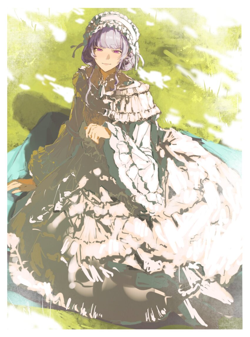 1girl bloom blunt_bangs border curly_hair double_bun dress frilled_dress frilled_hairband frilled_sleeves frills full_body gown grass grey_hair hair_bun hairband highres higuchi_kaede higuchi_kaede_(14th_costume) light_smile long_sleeves looking_at_viewer meadow mole mole_under_eye nijisanji no_aid official_alternate_costume official_alternate_hairstyle purple_eyes shadow sidelocks sitting sleeves_past_wrists solo virtual_youtuber white_border white_dress white_hairband