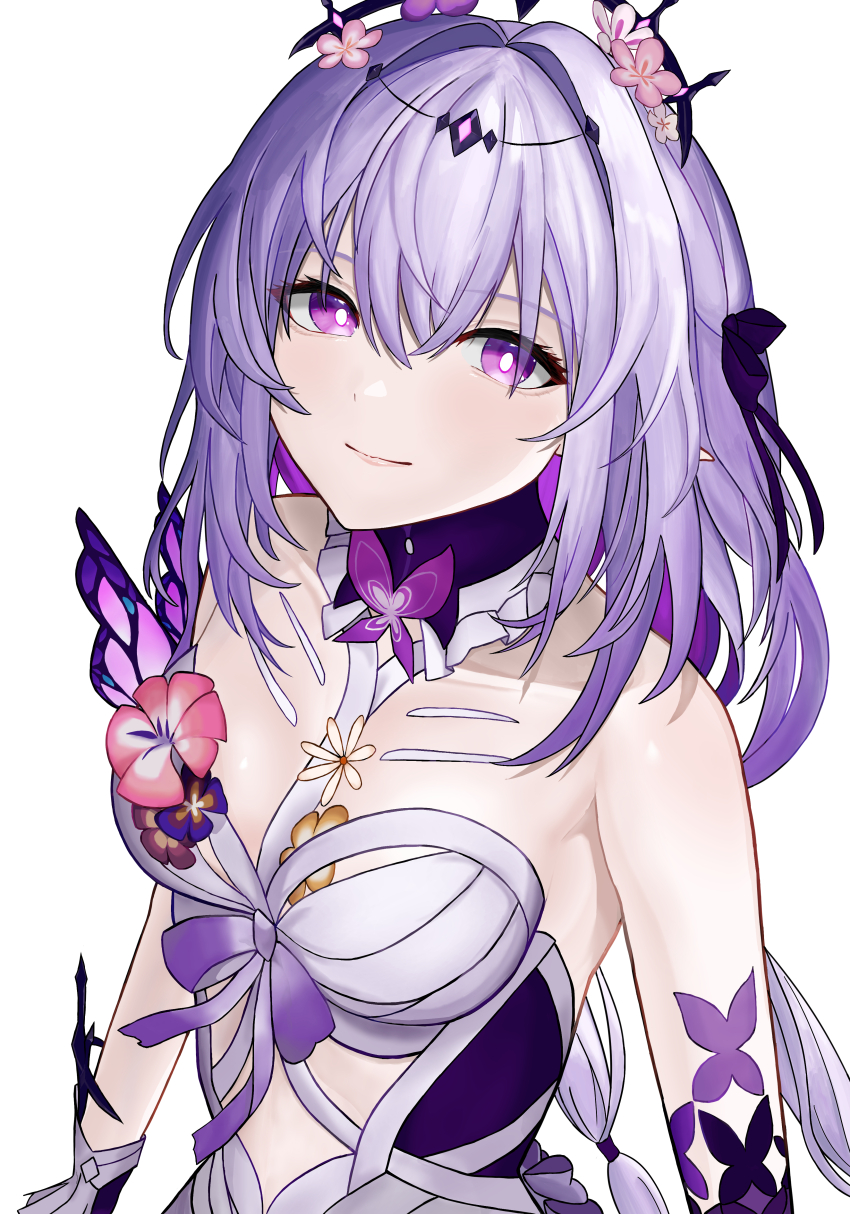 173_kikori 1girl absurdres bare_shoulders black_ribbon breasts castorice_(honkai:_star_rail) dress flower hair_flower hair_intakes hair_ornament hair_ribbon highres honkai:_star_rail honkai_(series) long_hair looking_at_viewer medium_breasts pink_flower purple_eyes purple_hair ribbon simple_background smile solo upper_body very_long_hair white_background white_dress